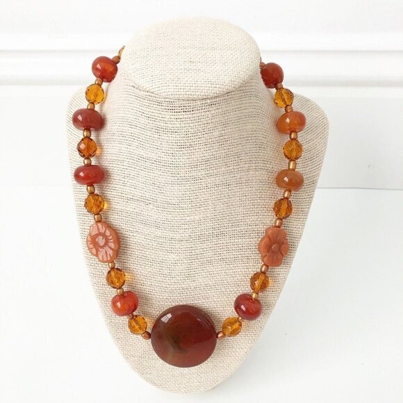 NWT Genuine Carved Sunstone, Agate, Pearl & Czech Crystal Necklace Flower Orange - Picture 1 of 6